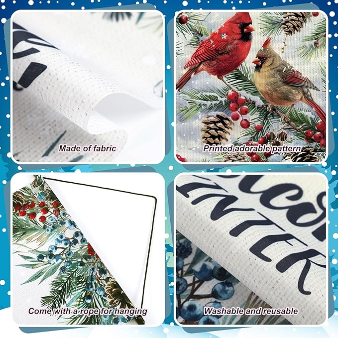 Tegeme 3 Pcs Winter Hanging Banner Cardinal Flag Decoration 12 x 20 Inch Winter Welcome Door Hanger Decoration Pine Tree Garden Flag Holiday Ornaments