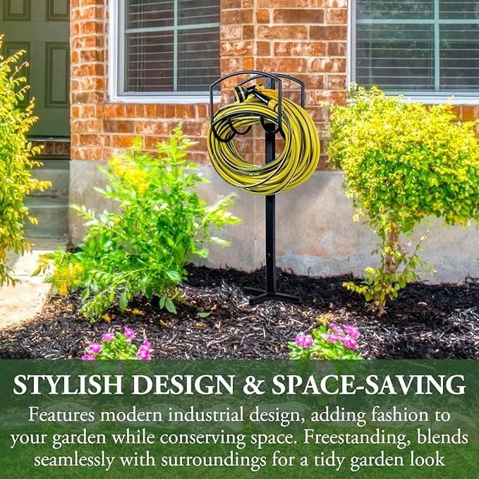 MyGift Garden Hose Holder, Modern Industrial Matte Black Metal Garden Hose Holder Freestanding Rack with Yard Grass Stake Anchors in Ground