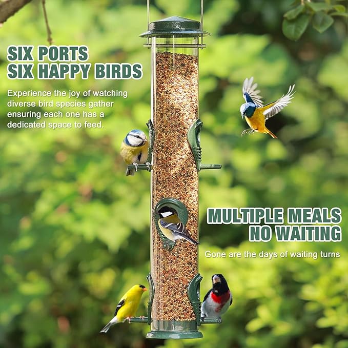 ERYTLLY Metal Bird Feeders 6 Port Tube Bird Feeder for Wild Birds, 1.4mm Extra Thick Solid Tube Transparent with Steel Hanger Bird Feeders Squirrel Proof for Outside