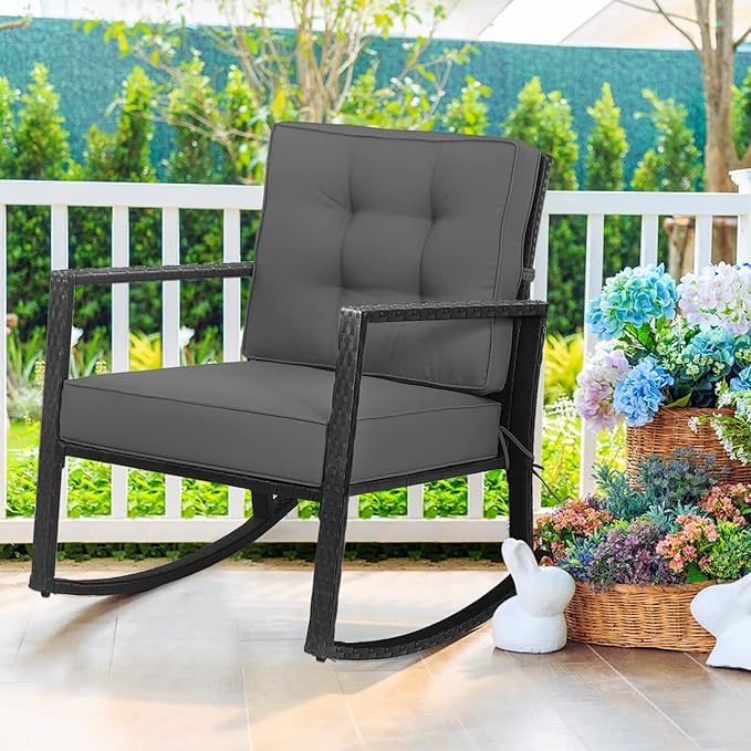 Tangkula Wicker Rocking Chair, Outdoor Glider Rattan Rocker Chair with Heavy-Duty Steel Frame, Patio Wicker Furniture Seat with 5” Thick Cushion for Garden, Porch, Backyard, Poolside (1, Gray)