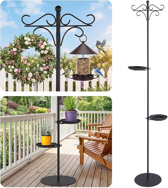 1 Set Upgraded 75.9" Shepherds Hook for Bird Feeder, Hanging Plant Wind Chime Stand, Metal Adjustable Standing Pole Holder for Indoor Outdoor, with 2 Rack & Weight Bag (Retro 2 Hooks)