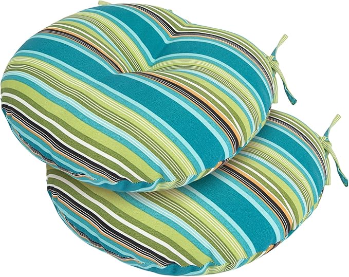 Bistro Chair Cushions 15 inch,Set of 2,Tufted Round Chair Cushions with Ties,15"x15"x4",Water Resistant Round Seat Cushion for Barstool Chairs,Patio Garden Kitchen Outdoor Furniture(Green Stripe)