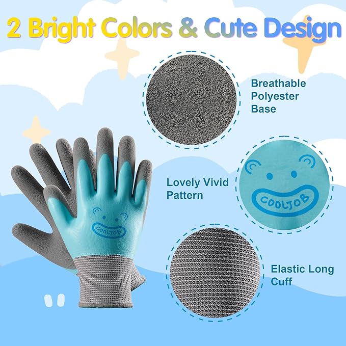 COOLJOB 2 Pairs Waterproof Kids Gardening Gloves for Age 2-4, Non-slip Double-layer Rubber Coating,Children Grippy Breathable Toddler Garden Work Gloves, Blue & Yellow, Small