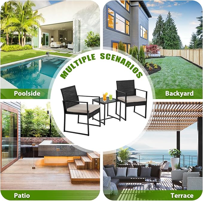 PayLessHere | 3-Piece Outdoor Patio Furniture Set | Khaki | Modern Rattan Bistro Set with Cushioned Chairs & Tempered Glass Coffee Table | Indoor & Outdoor Seating | for Balcony, Garden, Poolside