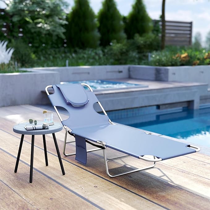 Outsunny Folding Beach Lounge Chair with Face Hole and Arm Slots, 5-Level Adjustable Sun Lounger Tanning Chair with Pillow for Patio, Garden, Beach, Pool, Gray