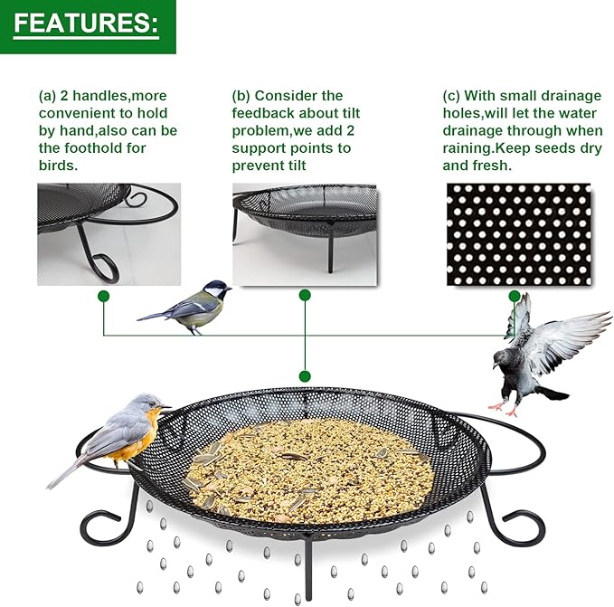 Upgraded Ground Platform Bird Feeder Tray,11.8” Stainless Steel Large Bird Feeder Mesh Seed Tray with A Exquisite Tray Station,Attract Wild Birds,Great Decoration for Garden Backyard