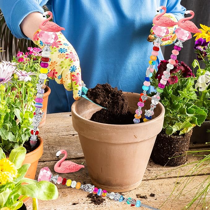 Lineshading 95 Pcs Flamingo Decorative DIY Beaded Garden Stakes Kit Fairy Wand Garden Stake Beads Kits for Plant Stakes Toppers Jeweled Ornament DIY Craft Supplies