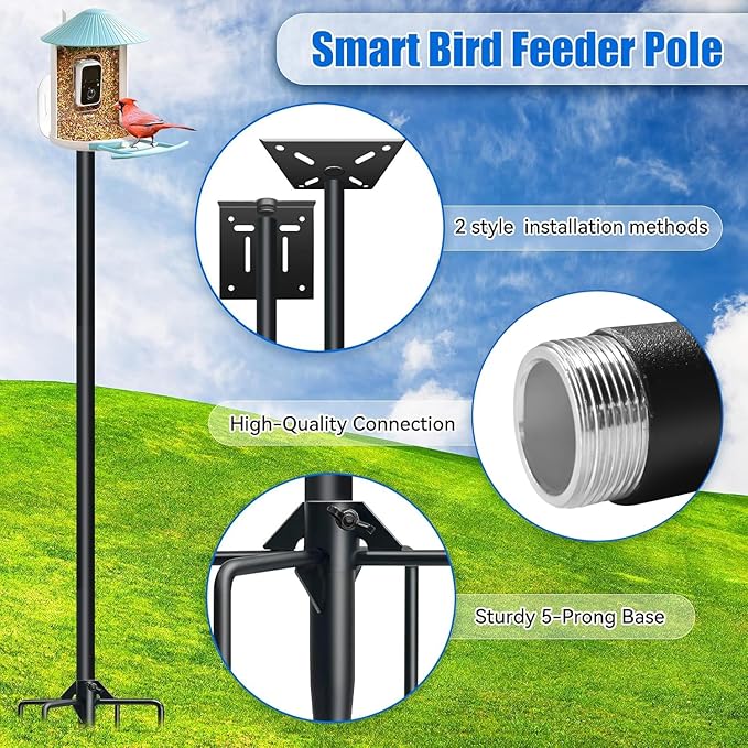 QwayHome Smart Bird Feeder Pole Kit, 80 Inch Bird House Pole Mount Kit for Outdoor Smart Bird Feeder & Wooden Birdhouse & Weather Station,1Inch Dia Poles,Heavy Duty, Adjustable, 5-Prong Base