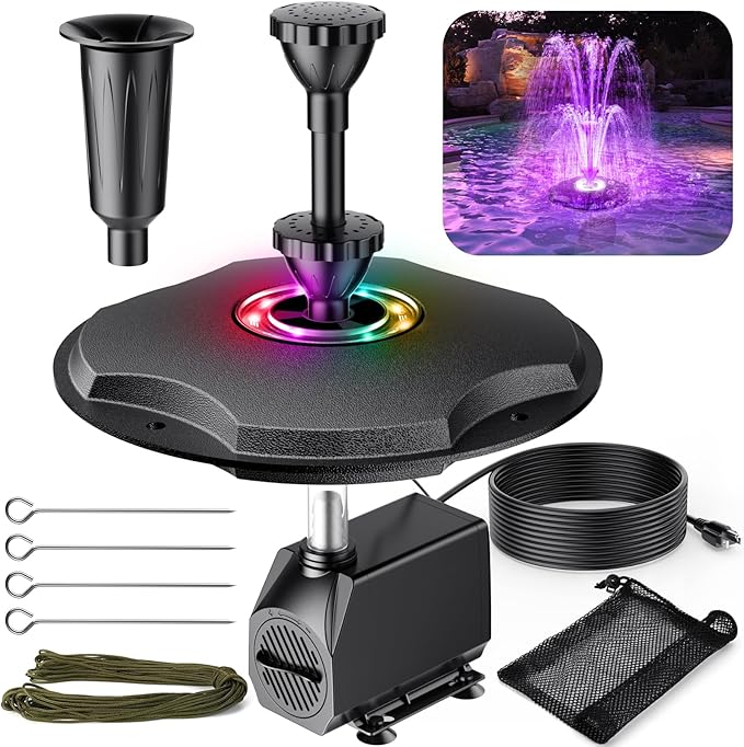 Anfraer Floating Pond Fountain with LED Lights, 660GPH RGB Floating Fountain with 3 Spray Modes, Pond Pump with 27FT Power Cord & 65.6FT Mooring Line for Pond Garden Fish Tank