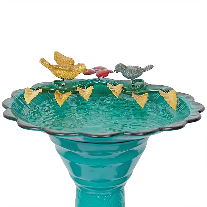 Alpine Corporation ORS112GN Vintage Metal Pedestal Birdbath with Stand, Shallow Bird Bath Bowl for Outside, 28" H, Green