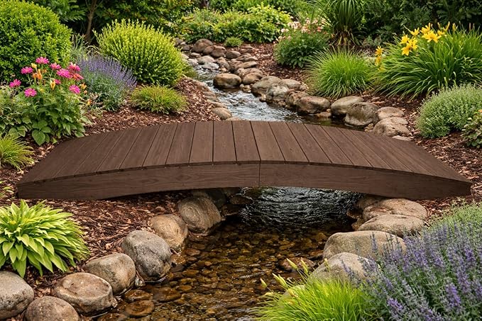 10 FT WALNUT Amish Made Pinewood Heavy Duty Garden Bridge for Walkway, Backyard Pond & Landscaping, Outdoor Wooden Footbridge for Koi Pond, Japanese Style Decorative Bridge, Made in USA