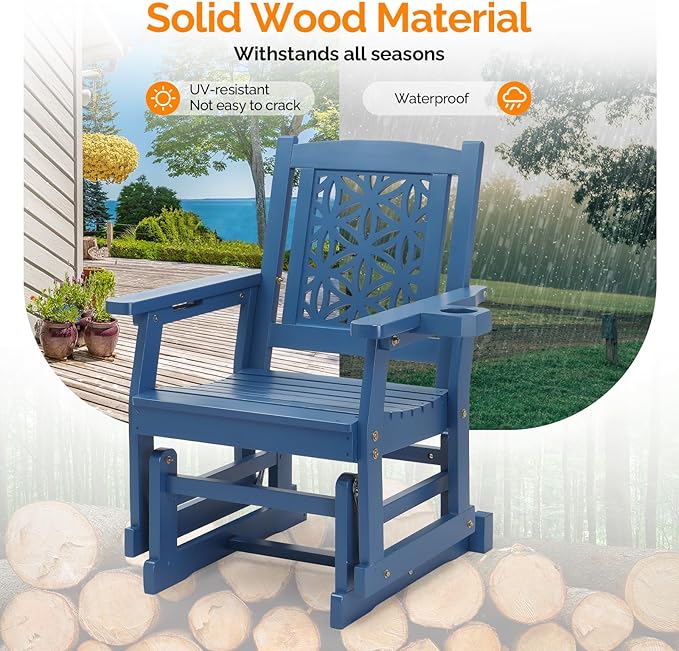VINGLI Fir Wood Outdoor Glider with Floral Backrest, Wooden Patio Gliding Bench with Cup Holders, Smooth Rocking Chair for Garden, Yard & Porch (Blue, 2.3 FT)