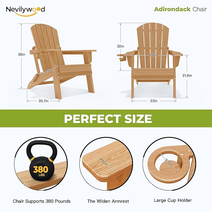 nevilywood Folding Adirondack Chair - Extended Ergonomic Backrest, Cup Holder - Easy Assembly - Durable HDPE Plastic, Weather Resistant & Maintenance-Free - Lawn, Patio, Deck Supports 380lbs Teak