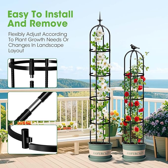 6.2ft Garden Obelisk Trellis for Climbing Plants Rustproof Metal Pipe with Heavy Duty Plastic Coated Garden Outdoor Indoor Potted Plant Support for Clematis Vine Jasmine Support (Black, 6.3 Ft(2 Pcs))