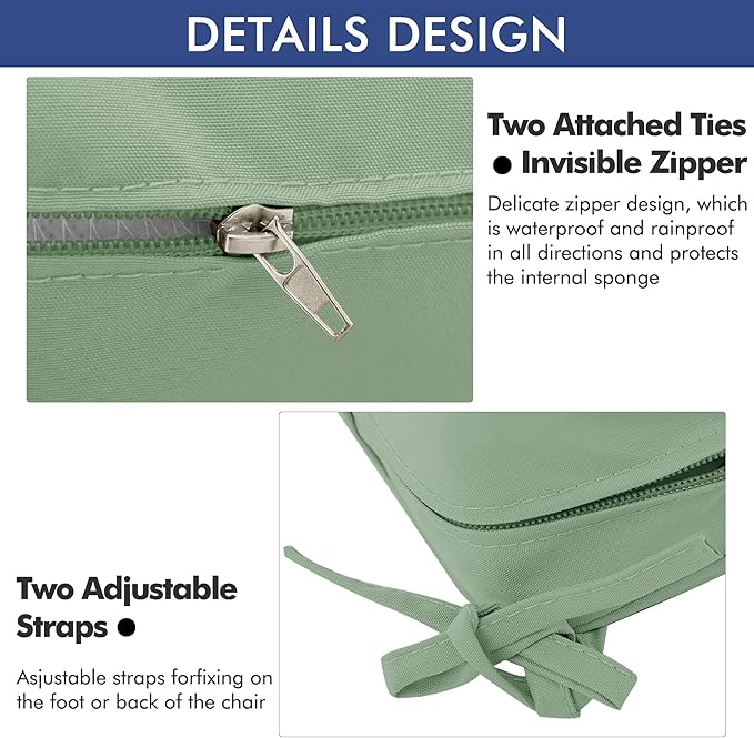 Outdoor Chair Cushions 19 x 19 Inch Waterproof Patio Chair Cushions with Tie 5 Year Color Fastness Thick Outdoor Seat Cushion for Garden Lawn Patio Furniture Sage Green Set of 2