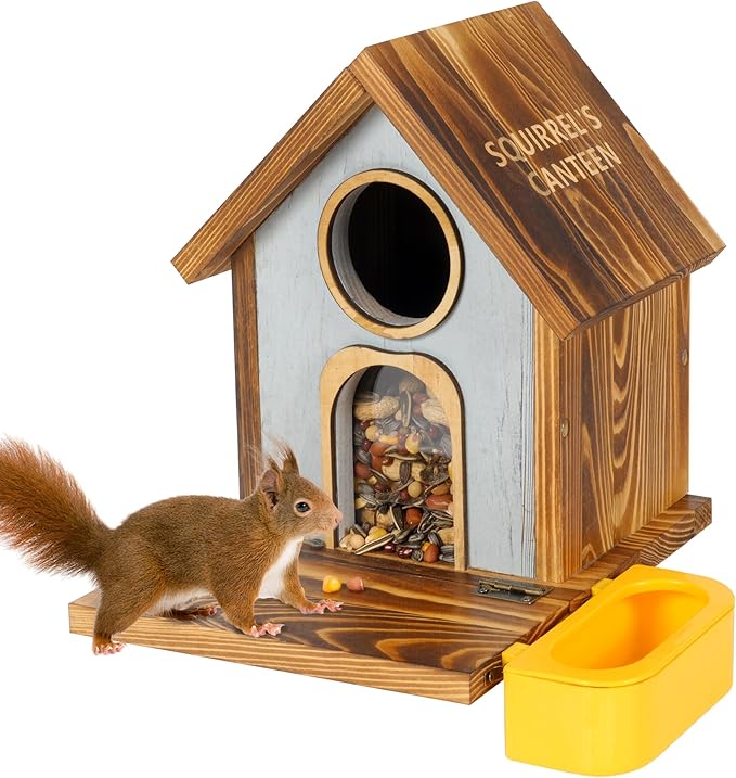 MIXXIDEA Wooden Squirrel Feeder, Large Capacity Squirrels Feeders for Outside, Sturdy Construction, No Assembly Lovely Chipmunk Feeder for Corn, Peanut, Nuts, Chestnuts (XL Size with Water Bowl)