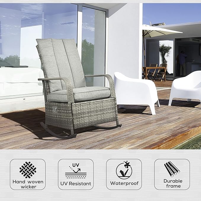 Outsunny Wicker Outdoor Rocking Chair, Patio Recliner with Adjustment Backrest, PE Rattan Lounge Chair with Adjustable Footrest and Cushions for Garden, Backyard, Porch, Gray