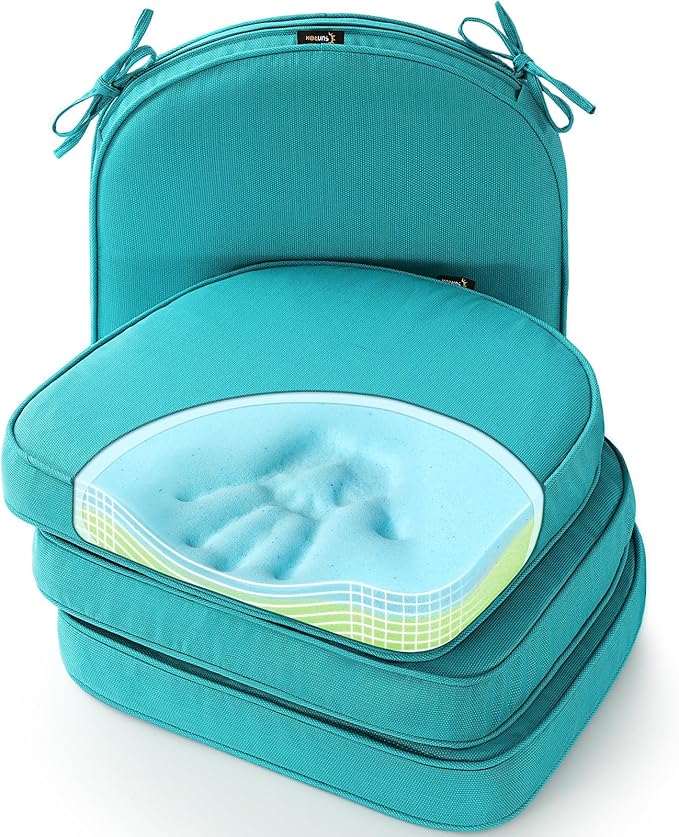 SUNROX Gel Memory Foam Chair Cushions, FadeShield Water-, Stain-Resistant Durable Reversible Seat Cushion Pads with Ties for Indoor/Outdoor Kitchen Dining Office 17"x16" Set of 4, Turquoise