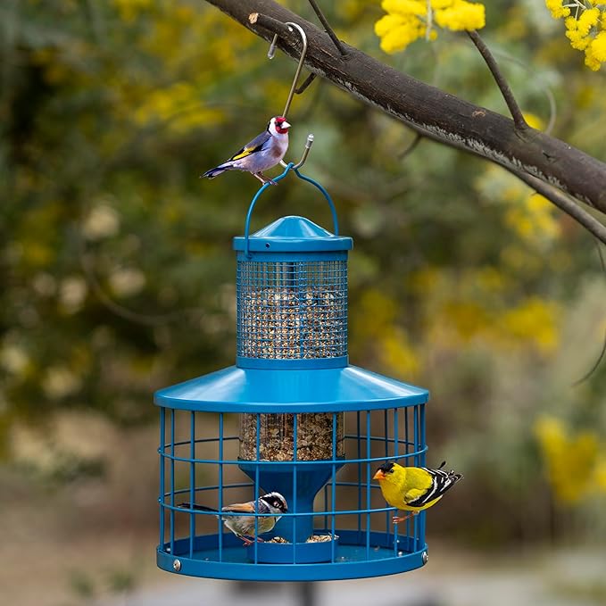 Caged Bird Feeders Squirrel-Proof, Metal, 2.8 Lbs Capacity-Cage Tube Seed Feeders with Tray Outdoor Hanging, Attract Birds,Detachable Cleaning, Starling Proof Wild Bird Feeder（Blue）