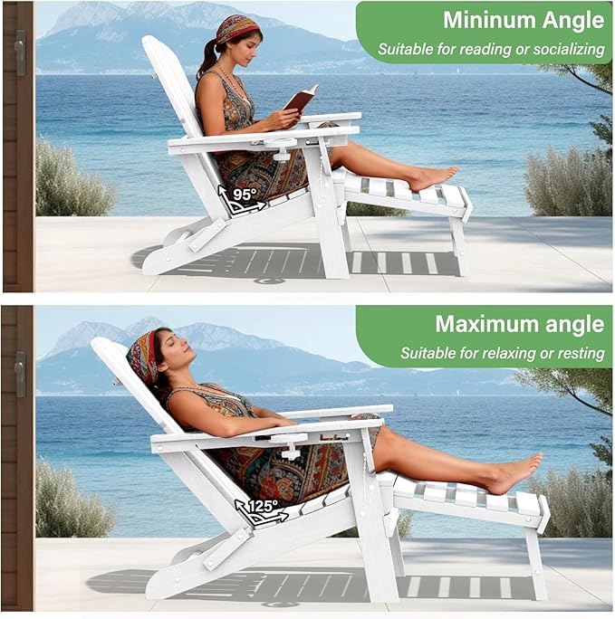 LOUNZY Folding Adjustable Adirondack Chair with Retractable Ottoman, HDPE Recliner Adirondack Chair with Cup Holder for Deck Lawn Fire Pit, White