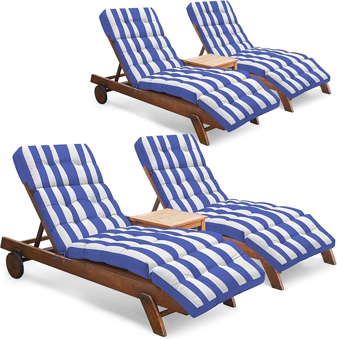 Outdoor Chaise Lounge Chair Cushion Set of 4, Waterproof 74.4 x 22 x 4.7 Inches Memory Foam Thickened Lounge Chair Cushions Replacement for Outdoor Furniture with Ties, Stripe Blue&White