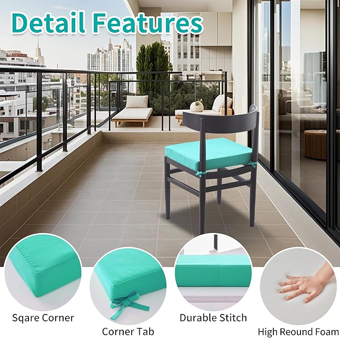 coolboss Outdoor Chair Cushions Set of 4, Outdoor Cushions for Patio Furniture, Water Resistant Chair Cushions for Outdoor Furniture Square Corner Patio Cushions with Non-Slip Ties, 18.5"x16"x3, Teal