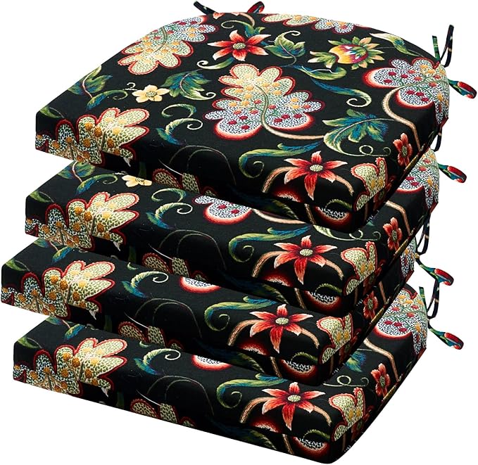 Outdoor Chair Cushions Set of 4, 17x16x2 Inch, Patio Furniture Cushions, Water Resistant, Non-Slip, Black Floral