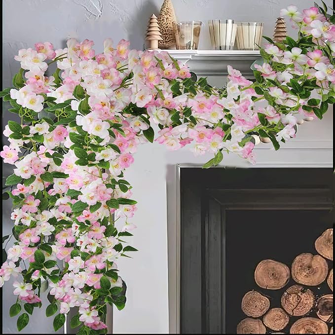 CISDUEO Artificial Cherry Blossom Flower Vine Pink Hanging Cherry Blossom Flower Silk Garland Hanging Vines Faux Flowers for Outdoors Spring Wedding Party Home Table Centerpiece Arrangement Decor