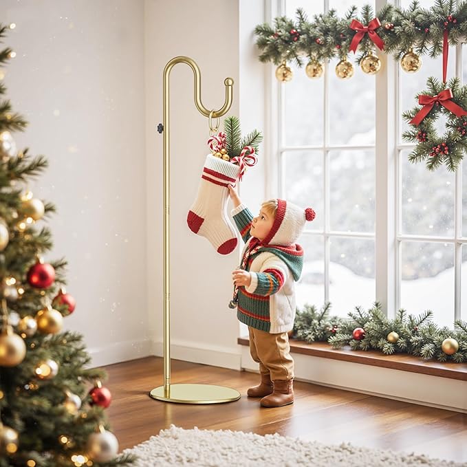 74" Gold Shepherds Hook Stand–Adjustable Free Standing Pole Holder for Hanging Bird Feeders, Plants, Lanterns, Wreaths, and Wind Chimes, Heavy Duty Base for Indoor & Outdoor Use, Holds Up to 20 LBS