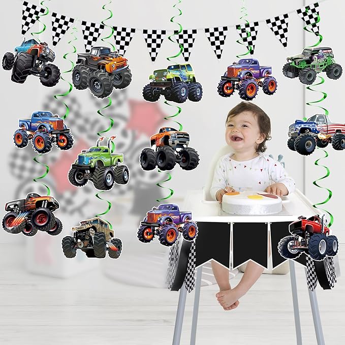 50 Pcs Monster Truck Birthday Hanging Decorations Monster Truck Birthday Party Hanging Decoration Racing Theme Party Supplies Decoration Suitable Decorations for Boys Girls Baby Children