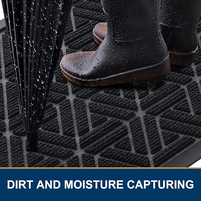 Smiry Front Door Mat Outside Entrance, Heavy Duty Sturdy Natural Rubber Doormat, Trap Dirt and Moisture, Easy Clean Low Profile Mats for Indoor Outdoor Entry, Grid Geometric (47x23, Black)