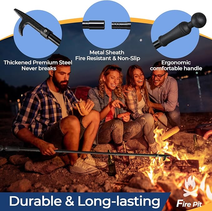 Fire Poker for Fire Pit, 46” Long Fireplace Poker, Portable Fire Pit Poker for Campfire, Outdoor and Indoor, Heavy Duty Rust Resistant Metal Fireplace Fire Pit Tools