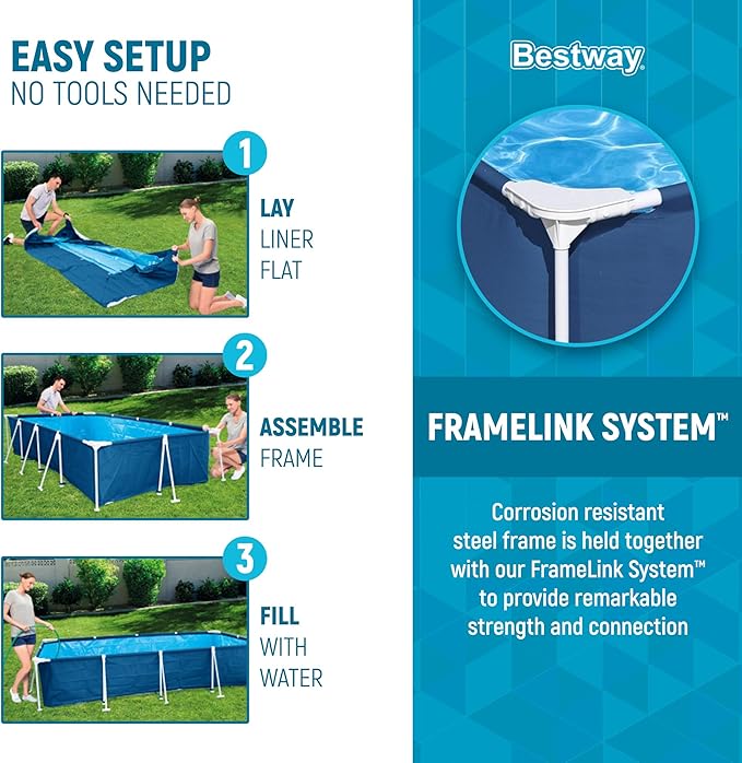 Bestway Steel Pro 8.5 Feet x 67 Inch x 24 Inch Rectangular Steel Frame Above Ground Outdoor Backyard Swimming Pool, Blue (Pool Only)