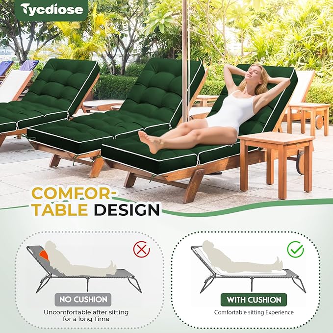 Outdoor Chaise Lounge Chair Cushion, Waterproof Non-Slip Patio Chaise Lounge Cushions for Outdoor Furniture, Thickened Patio Pool Lounger Chair Cushion, 76.4 x 22.8 x 4.7 Inches, Green