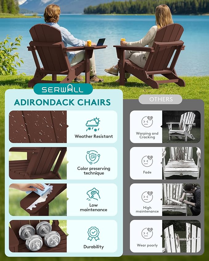 SERWALL Folding Adirondack Chair Set of 2, HIPS Adirondack Chairs with 4 in 1 Cup Holder, Weather Resistant Plastic Chairs for Patio Garden Outdoors Fire Pit-Coffee