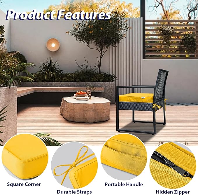 Outdoor Chair Cushions Set of 4,Waterproof Outdoor Seat Cushions for Patio Furniture,Patio Chair Cushion with Handle and Ties, Square Out Door Chair Pads,19" x 19" x 3", Yellow