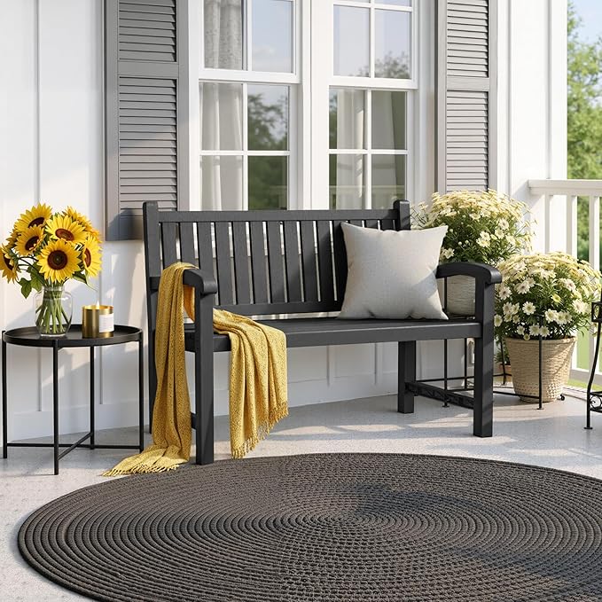 ROJIK Outdoor Bench Resin Patio Chairs Waterproof 2-Person Slatted Chairs with Sturdy Frame, Comfortable Seating for Garden Backyard Porch and Park(Black)