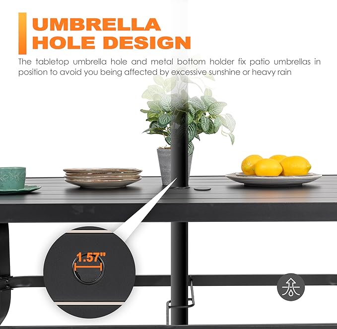 NUU GARDEN 7 Piece Outdoor Dining Set, 6 All Weather Padded Textilene Patio Chairs and 61" Rectangular Dining Table with 1.57" Umbrella Hole, for Patio, Garden, Light Grey and Black