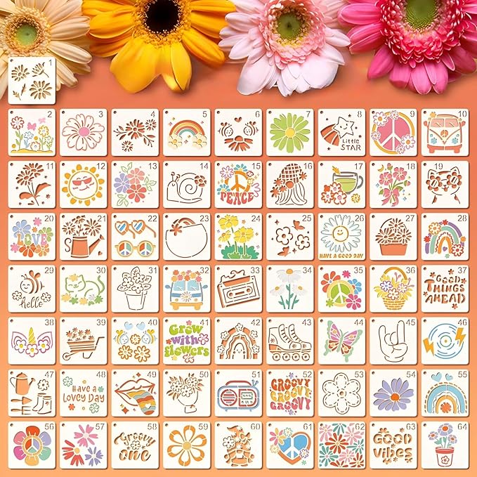 Stencils for Painting, Hippie Style Stencils for Crafts Reusable, 3 Inch Plastic Drawing Templates for Painting on Wood Wall Canvas Fabric, Small Hippy Tempates for DIY Project & Home Decor