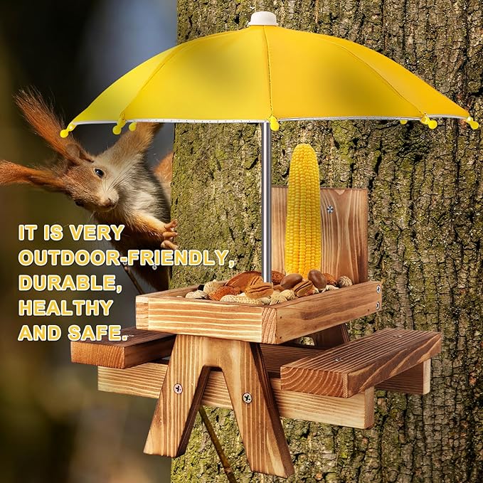 Gnodary Squirrel Feeder with Umbrella, Squirrel Feeders for Outside, Squirrel Picnic Table Feeder - Chipmunk Feeder Hold Corn, Corn Cob, Peanuts (Yellow)