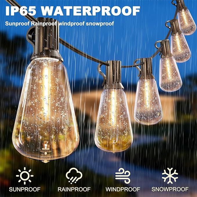 100FT Outdoor String Lights - 64+4 Bulbs(𝟏.𝟓𝐅𝐓 𝐁𝐮𝐥𝐛𝐬 𝐒𝐩𝐚𝐜𝐢𝐧𝐠) | Remote & Dimmer, 3 Light Modes & Timing, IP65 Waterproof, 100PC Mounting Ties for Patio/Outside/Commercial