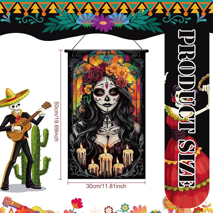Tegeme 3 Pcs Day of The Dead Door Sign Flag Dia De Los Muertos Front Door Decoration Halloween Hanging Decor Banner Wall Flag Ornaments for Party Supplies Home Outdoor Indoor