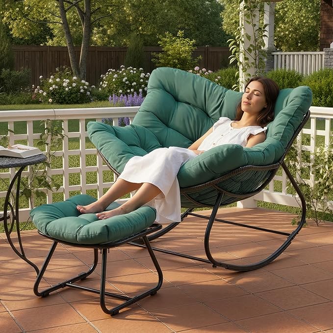 Wisteria Lane Patio Rocking Chair with Ottoman, Outdoor Indoor Rocking Egg Chair with Cushions, Metal Lounge Chair Oversized Papasan Chair, Outdoor Wicker Reading Chair for Porch Garden, Green