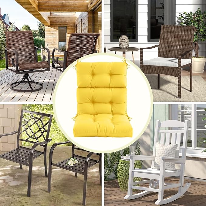 Outdoor/Indoor High Back Chair Cushion, Waterproof Outdoor Rocking Chair Cushion with Ties, Tufted Replacement Seat Cushions for Outdoor Furniture, Yellow