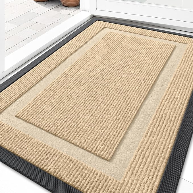 OLANLY Front Door Mat Indoor Outdoor Entrance, Waterproof All-Season, All-Weather Doormat, Sturdy Natural Rubber, Fade Resistant, Low Profile, Easy Clean Patio Porch Entryway Mat, 71x34, Beige