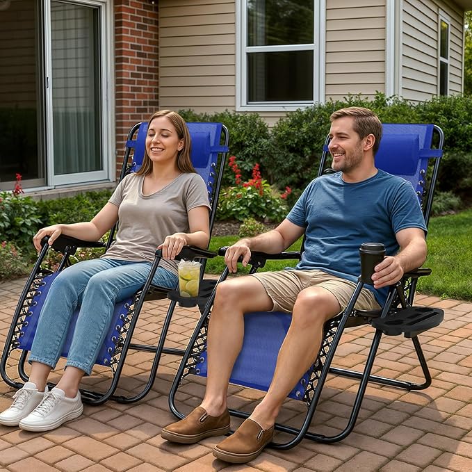 Magshion Zero Gravity Lounge Chair, Adjustable Folding Recliner with Cup Holder Side Tray & Removable Headrest Pillow, Portable Outdoor Patio Lounger for Camping, Beach, Lawn, Backyard, Blue