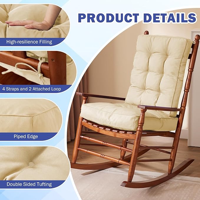 Rocking Chair Cushion, Waterproof and Fade-Resistant Patio Chair Cushions, Tufted Chair Pads for Rocker Furniture, 17x17 Inch, Indoor/Outdoor Seat Cushions with Ties, Beige (Pack of 2)