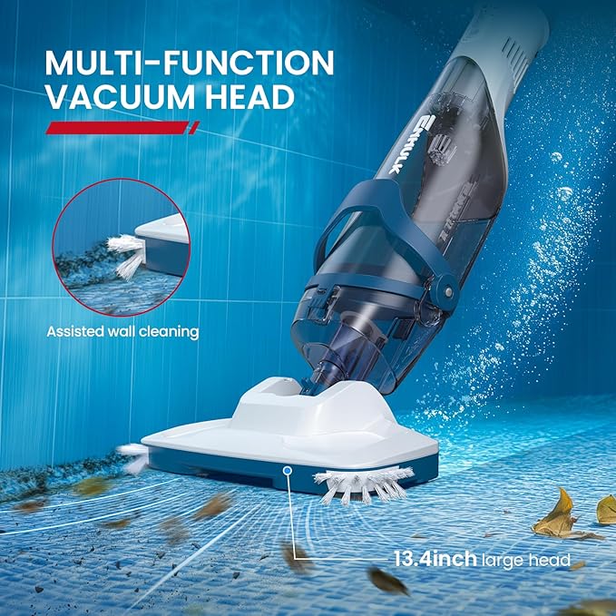 ENHULK Pro Cordless Pool Vacuum - 18.5 GPM Powerful Suction, 70min Runtime & 13.4" Wide Head, XL Capacity Handheld Rechargeable Pool Cleaner for Inground/Above Ground Pools with Telescopic Pole (Blue)