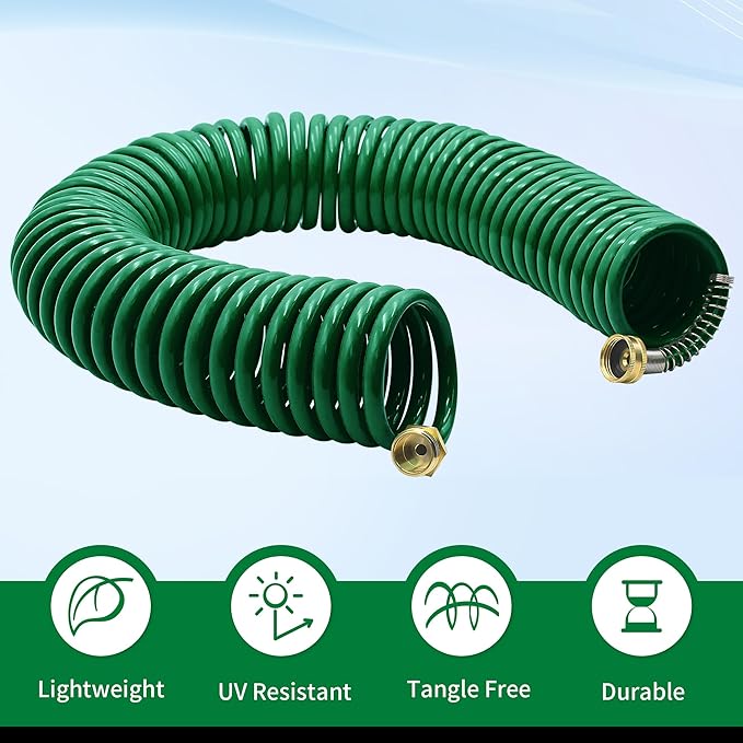 AUTOMAN Coil Garden Hose 50 ft, EVA Curly Water Hose with Brass Connectors, Recoil Garden Water Hose,Includes 7-Pattern Function Sprayer,Retractable,Corrosion Resistant Garden Coil Hose.