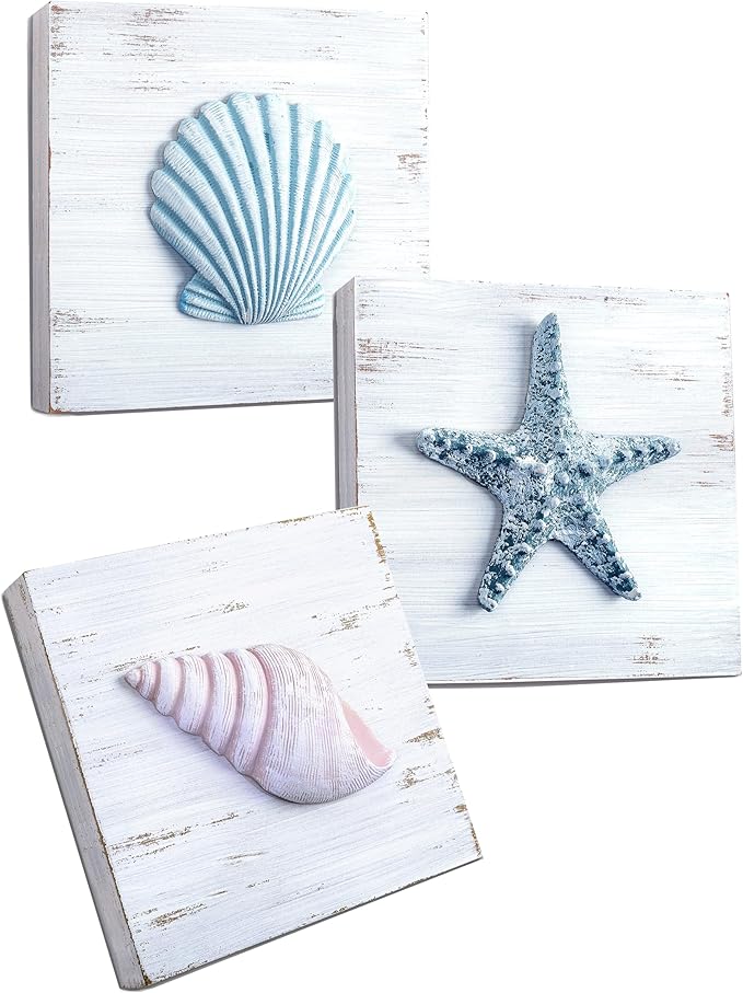 Tide and Tales 3D Beach Wall Art - Seashell with Starfish for Coastal Bathroom Decor, Ocean Inspired Decor for Bathroom, Coastal Bedroom, Living Room or Beach House, Set of 3 (6”x 6”)